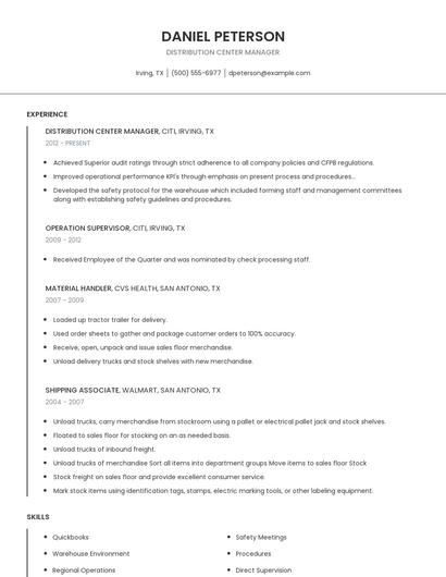 Distribution Center Manager Resume