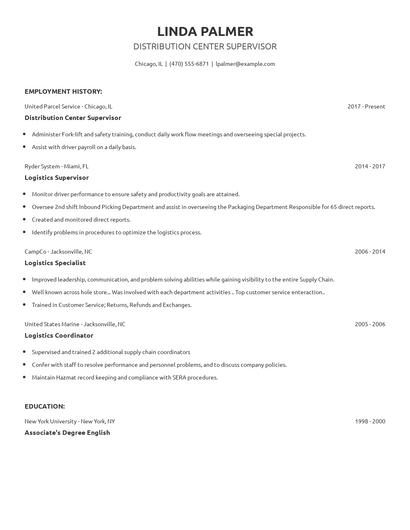 Distribution Center Supervisor Resume