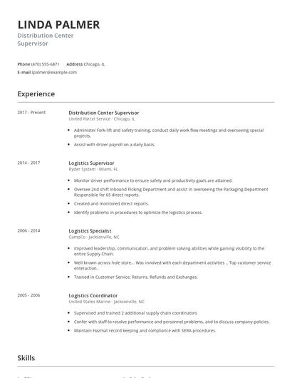 Distribution Center Supervisor Resume
