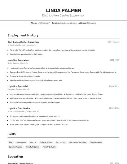Distribution Center Supervisor Resume