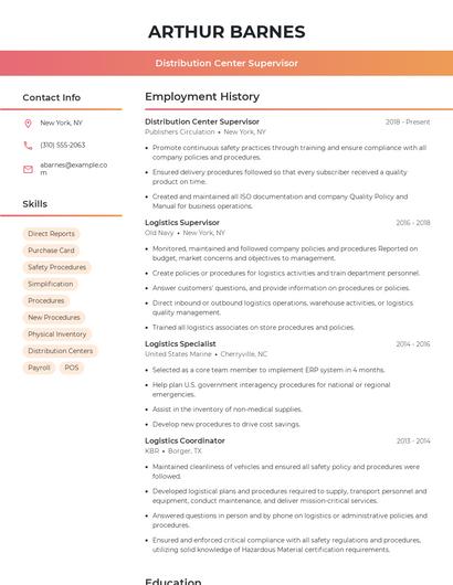 Distribution Center Supervisor Resume