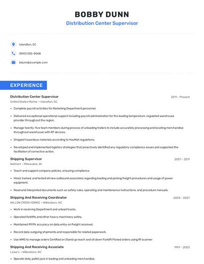 Distribution Center Supervisor Resume