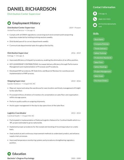 Distribution Center Supervisor Resume
