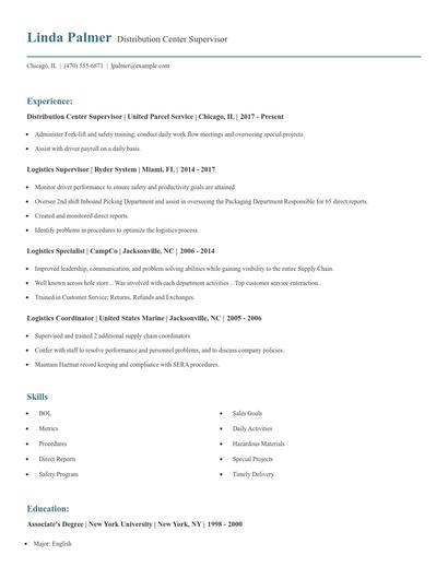 Distribution Center Supervisor Resume
