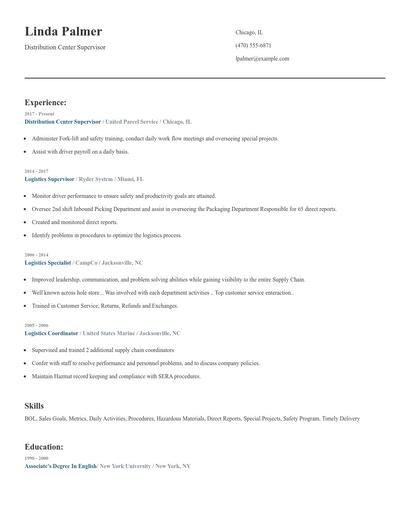 Distribution Center Supervisor Resume