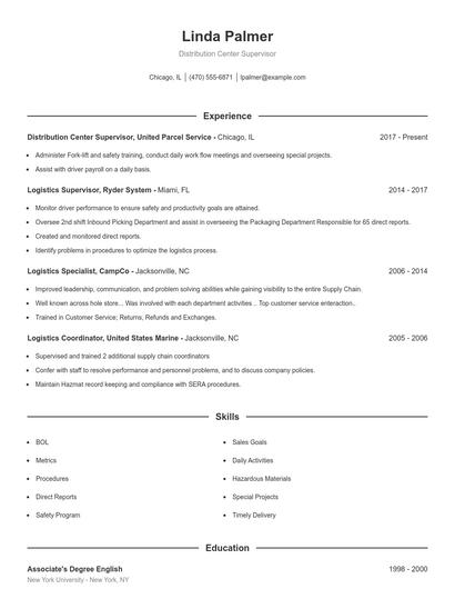 Distribution Center Supervisor Resume