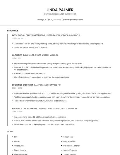Distribution Center Supervisor Resume