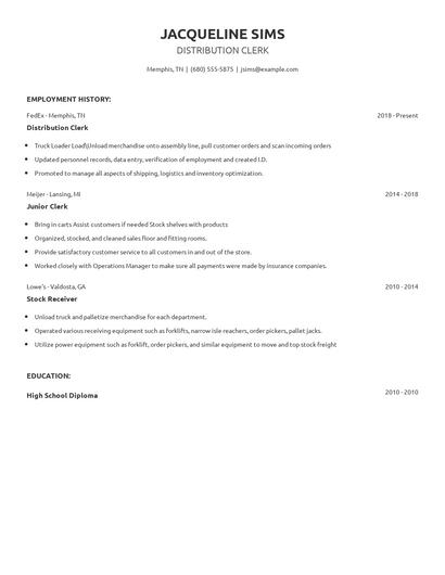 Distribution Clerk Resume