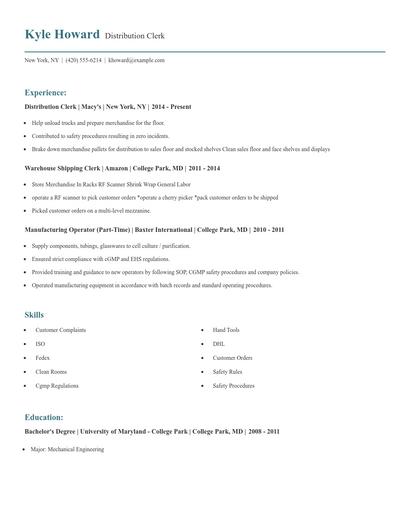Distribution Clerk Resume