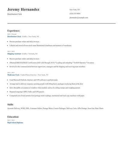 Distribution Clerk Resume