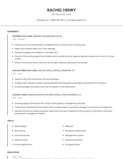 Distribution Clerk Resume