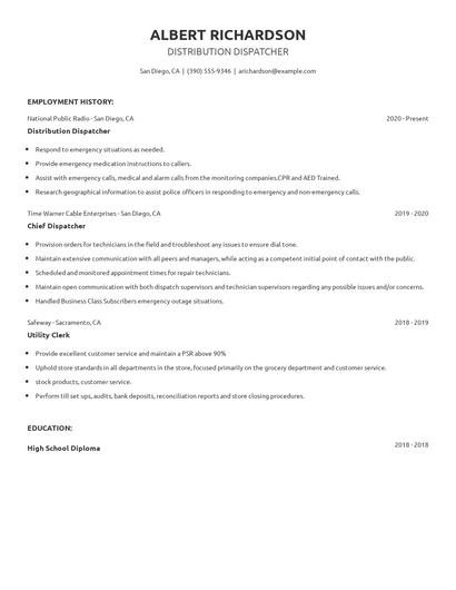 Distribution Dispatcher Resume