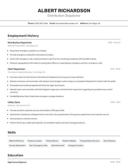 Distribution Dispatcher Resume
