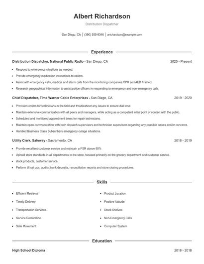 Distribution Dispatcher Resume