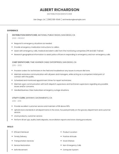 Distribution Dispatcher Resume
