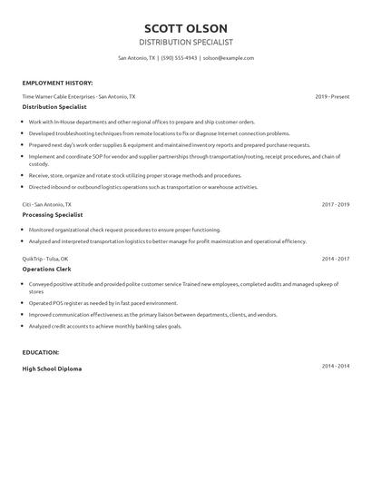 Distribution Specialist Resume