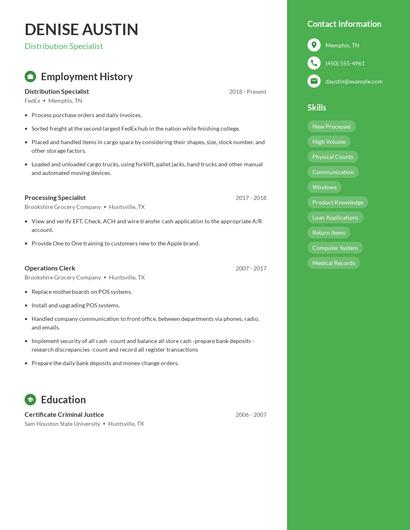 Distribution Specialist Resume