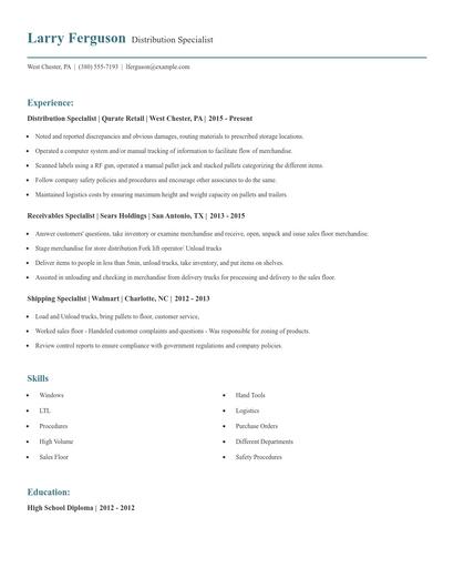 Distribution Specialist Resume
