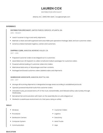 Distribution Specialist Resume