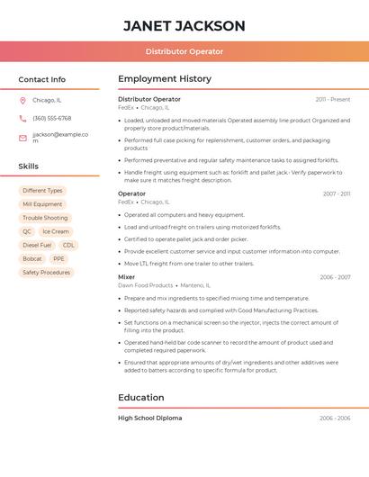 Distributor Operator Resume