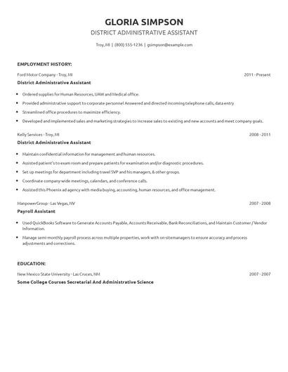 District Administrative Assistant Resume