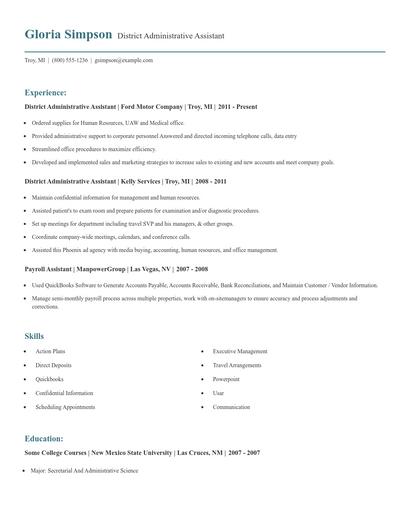 District Administrative Assistant Resume