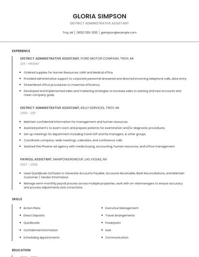 District Administrative Assistant Resume