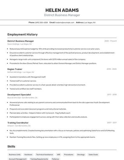 District Business Manager Resume