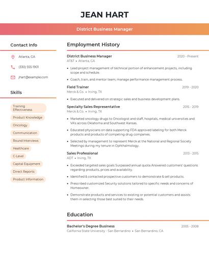 District Business Manager Resume