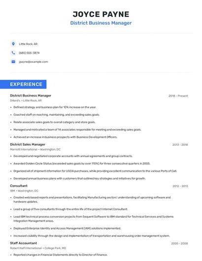 District Business Manager Resume