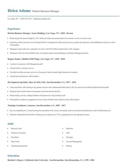 District Business Manager Resume