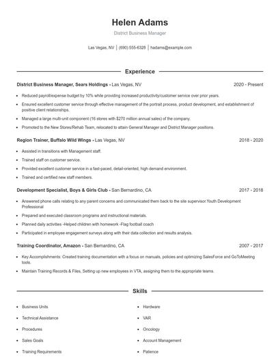District Business Manager Resume