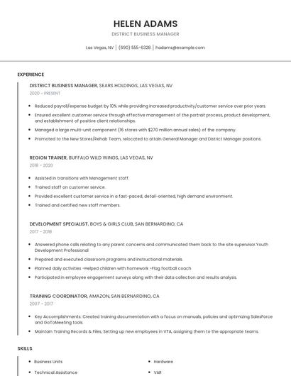 District Business Manager Resume