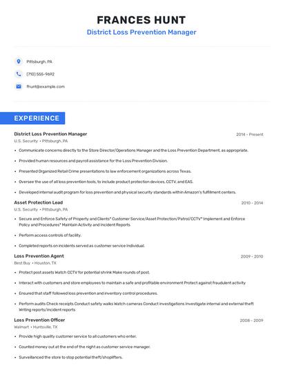 District Loss Prevention Manager Resume