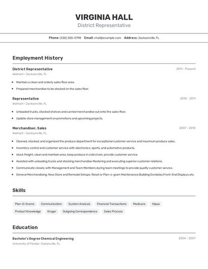 District Representative Resume