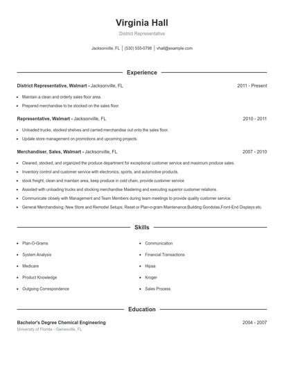District Representative Resume