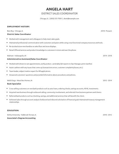 District Sales Coordinator Resume