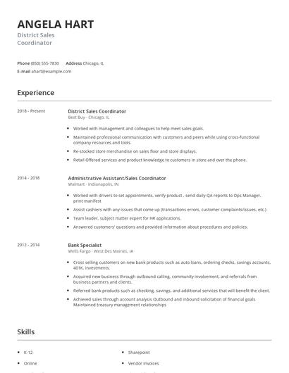 District Sales Coordinator Resume