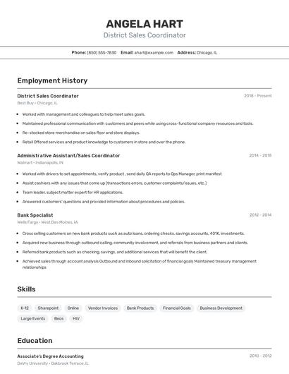 District Sales Coordinator Resume