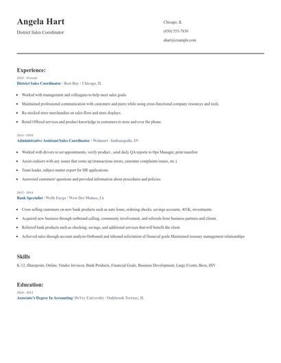 District Sales Coordinator Resume