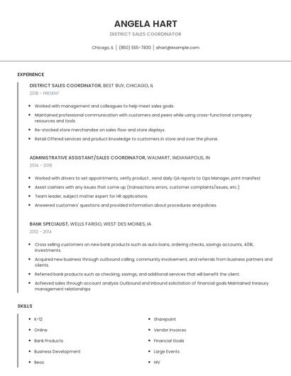 District Sales Coordinator Resume