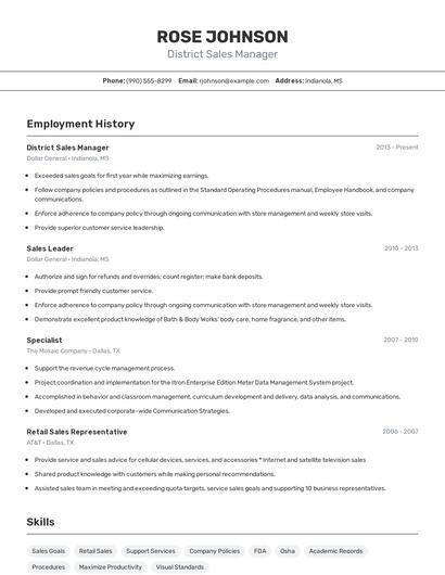 District Sales Manager Resume