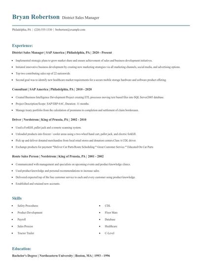 District Sales Manager Resume
