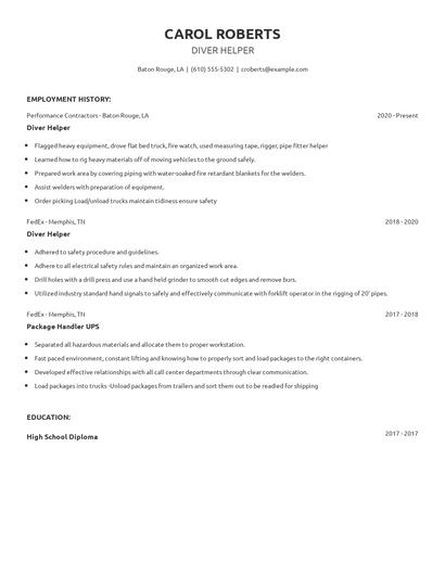 Diver Helper Resume