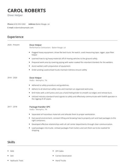 Diver Helper Resume