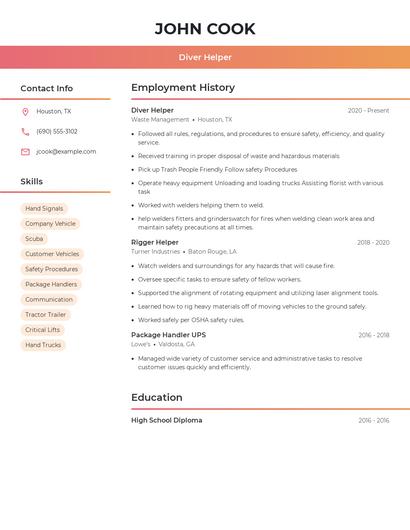 Diver Helper Resume