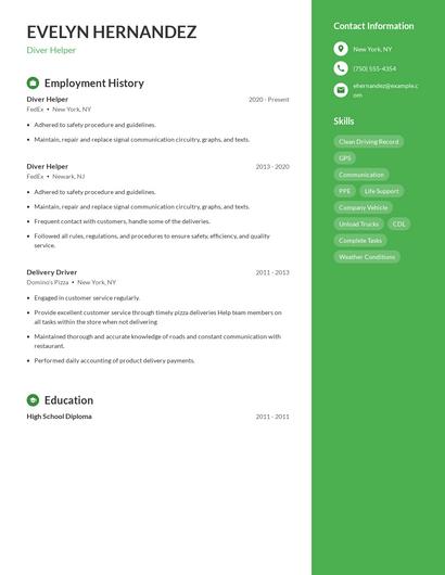 Diver Helper Resume