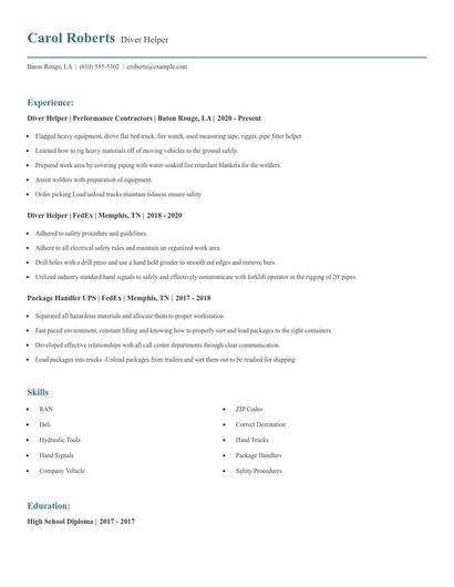 Diver Helper Resume