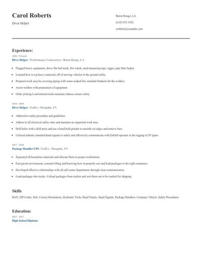 Diver Helper Resume