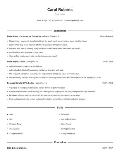 Diver Helper Resume